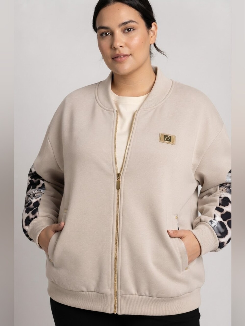 Orly Beige Zip-Up Bomber Jacket with Animal Print Sleeve Panels – Size XXL